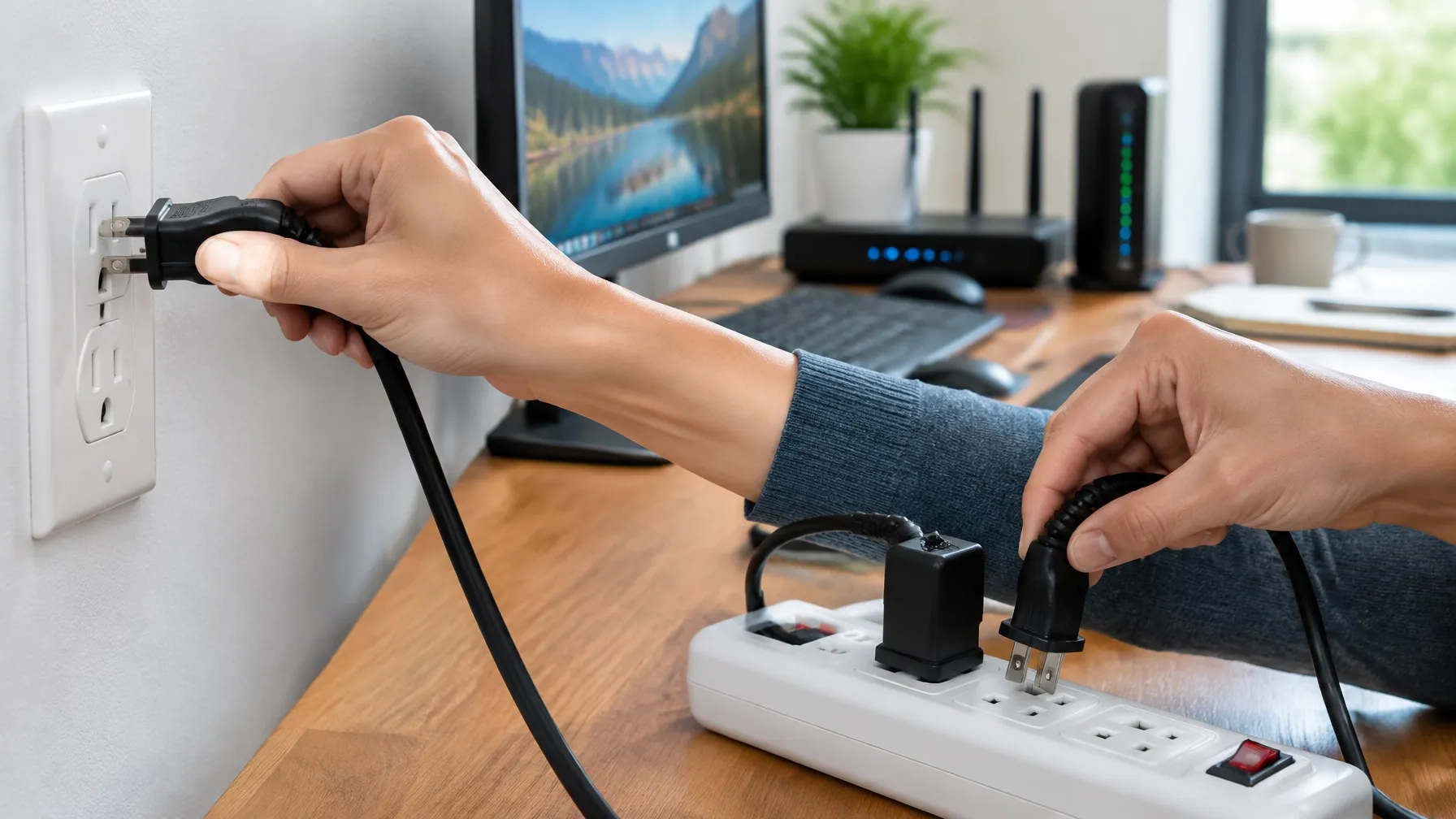 Persona desconectando cables de una toma de corriente junto a un módem