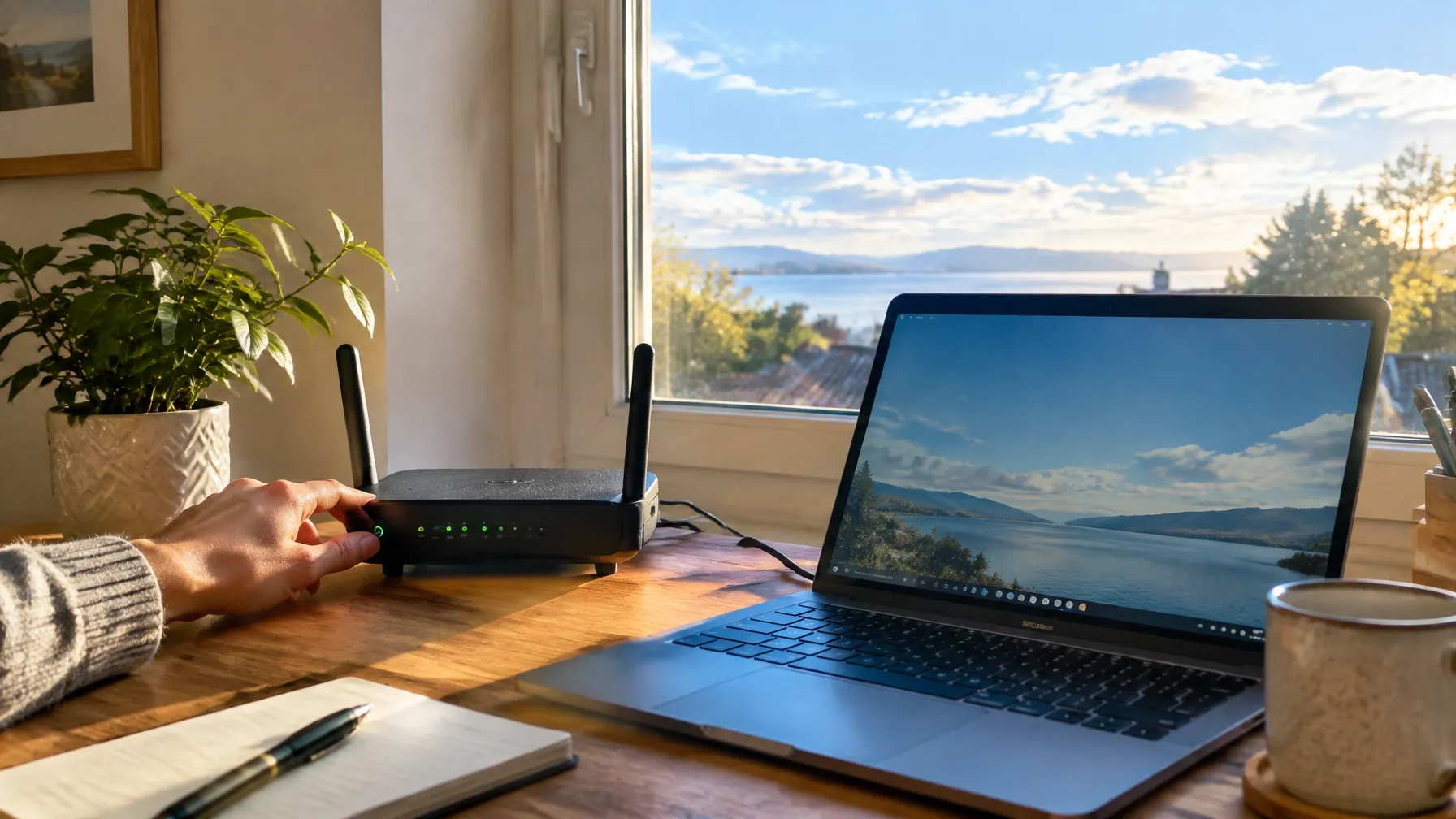 Persona encendiendo un router junto a una computadora después de la tormenta