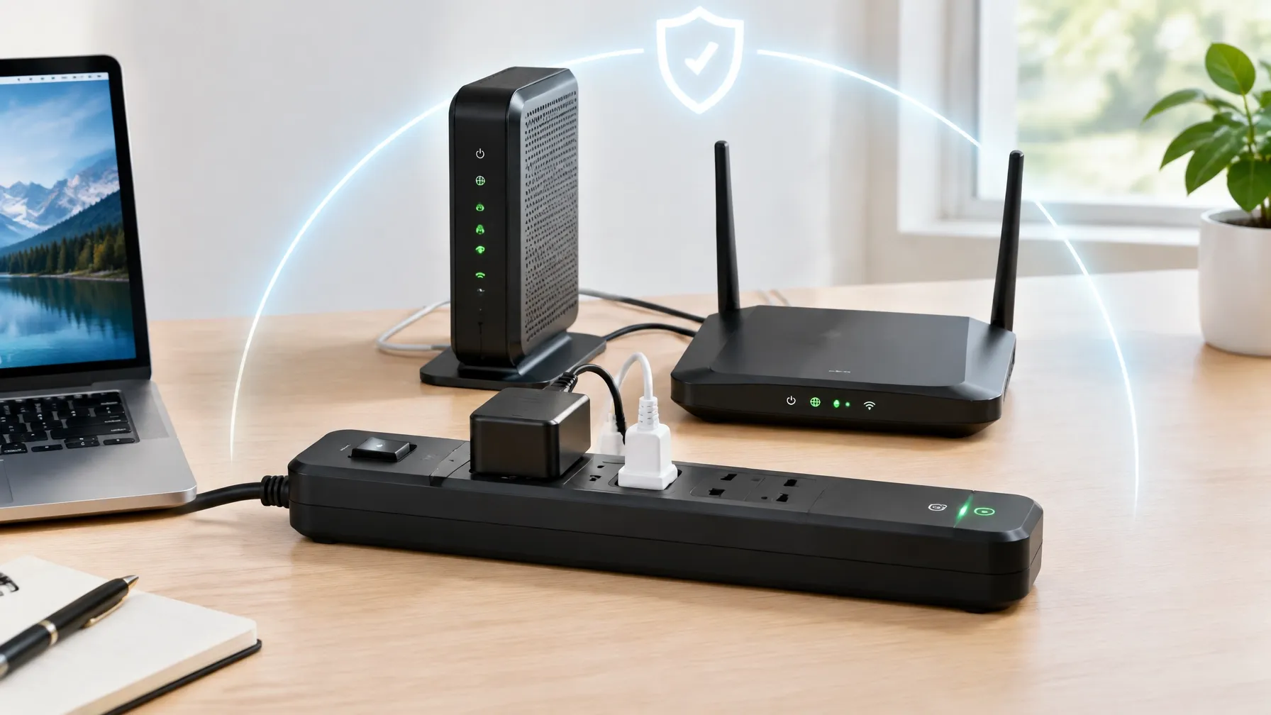 Módem y router conectados a un supresor de picos para proteger los equipos
